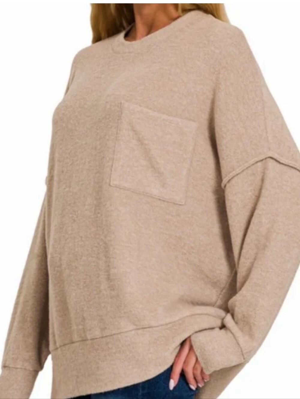 Zenana Boho Fall Beige Oversized Pocket Sweater Sz Small - Picture 7 of 7